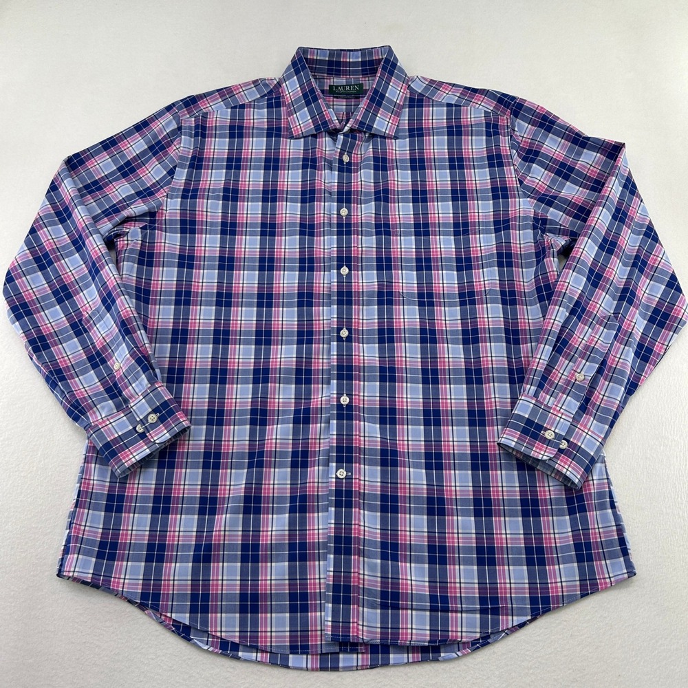 Lauren Ralph Lauren Mens XL Regular Fit Stretch Plaid Dress Shirt Pink Blue